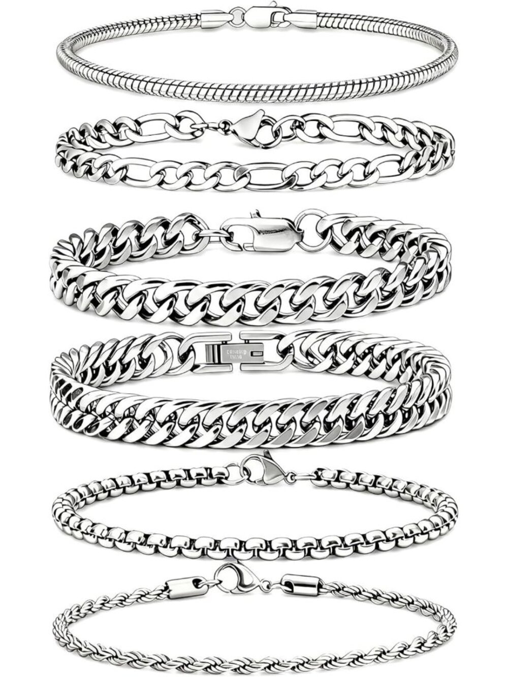 Stylish 6-Piece Men's Bracelet Set - Silver/Gold Cuban Link & Figaro Chains